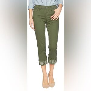 NYDJ Dayla Wide Cuff Capri Olive Green Embroidered Cuff “Lift Tuck” Size 14